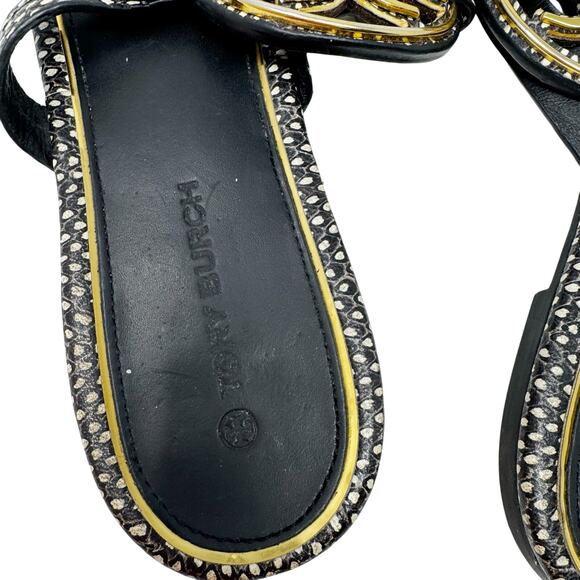 TORY BURCH Black Reptile Snake Gold Metallic Metal Miller Sandal Size 7 - Picture 5 of 10
